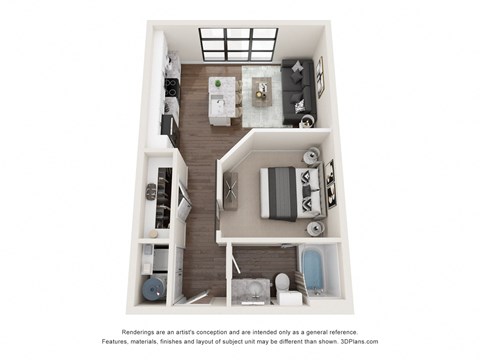 a stylized floor plan with a bedroom and a living room